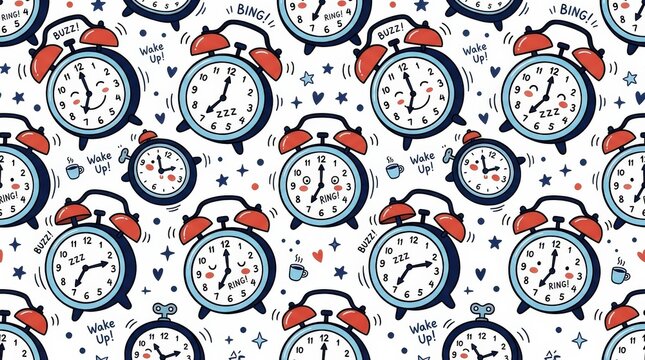 Cute alarm clocks with red bells and blue rims repeated across a white background, expressive cartoon faces, black hand-drawn outlines, red, navy and pale blue palette, playful seamless vector pattern
