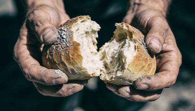 Poor hungry person holding broken pieces of crusty bread with extremely dirty hands indoors