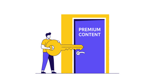 Man Unlocking Premium Content Door with Large Golden Key Vector Illustration for Membership Access and Subscription Concept