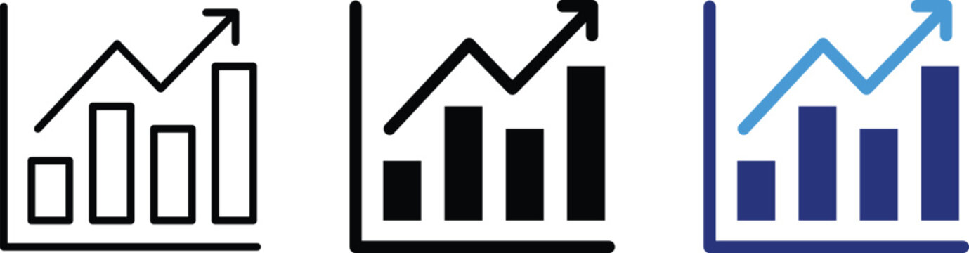 Financial growth bar chart arrow icon set. Business analytics rising market trend and profit improvement symbols. Upward trend statistical bar graph with ascending arrow 
