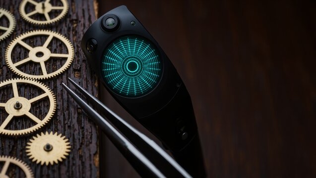Future of work concept with modern augmented reality smart-loupe and traditional watchmaker gears