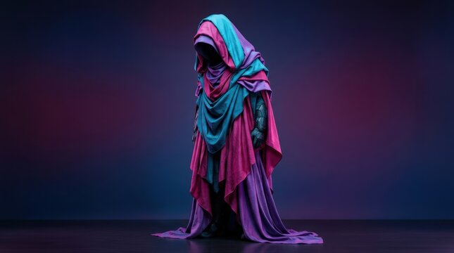 Hooded futuristic figure with head bowed beneath layered cyan, magenta and violet fabric, surreal fashion portrait, smooth studio gradient background and high-concept digital-culture aesthetic.