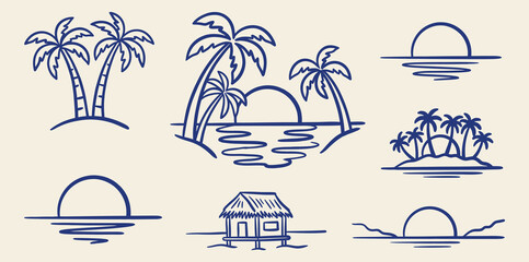 hand drawn blue outline tropical island sunset and palm trees collection set on an isolated background © Irfan