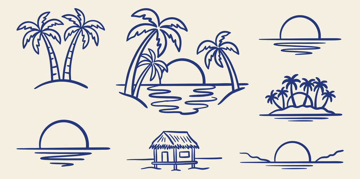 hand drawn blue outline tropical island sunset and palm trees collection set on an isolated background
