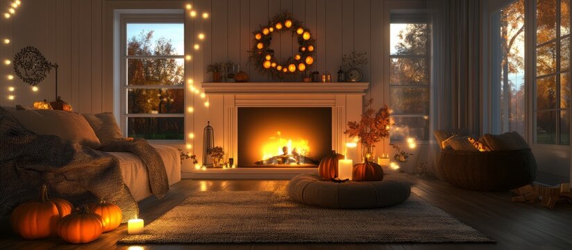 Cozy autumn living room with fireplace and pumpkins