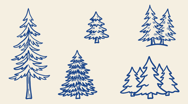Hand drawn pine trees vector set featuring blue line art illustration of firs and forest landscape