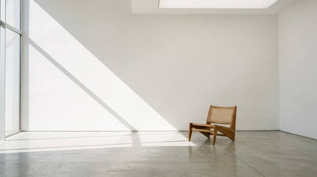 Minimal white interior with one simple chair and long diagonal window shadows, architectural photography, high-key ivory palette, hard sunlight, airy negative space, elegant modern design and serene