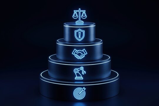 3d render of a tiered platform with glowing blue neon icons representing business concepts