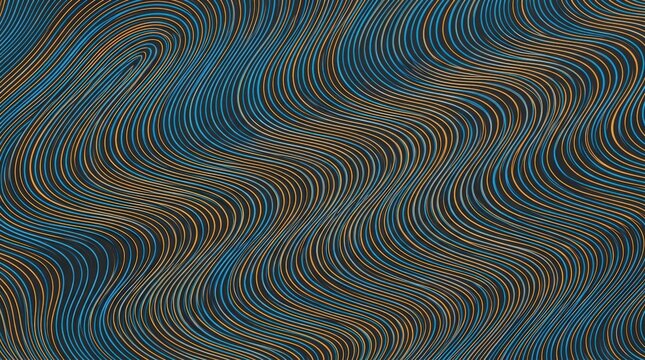 Concentric wavy lines in electric blue and warm orange flowing across a dark gray field, optical abstract illustration, fine rhythmic curves, dynamic moir&eacute; effect, modern graphic design and