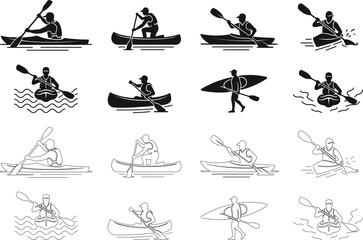 Canoe kayak kayaking paddle rower water sport icon set collection in black flat and line style editable outdoor activity elements group isolated on transparent background vector symbol © Asia