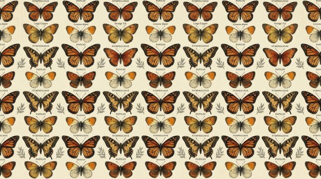 Repeating butterfly specimen pattern on a warm cream background, vintage natural-history illustration, black, orange and muted yellow wings, symmetrical rows, fine ink-like detail, decorative