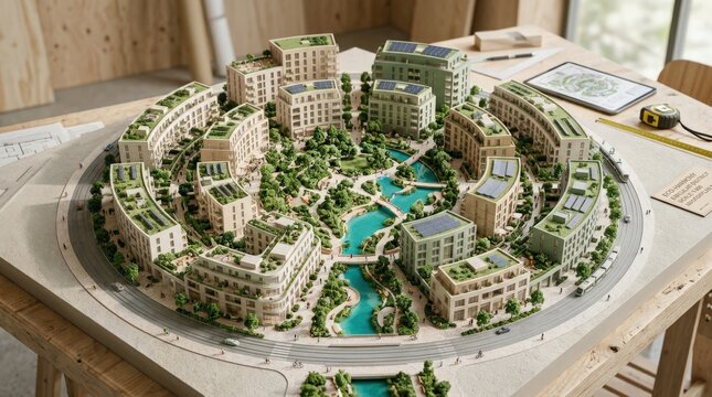 Circular sustainable neighborhood masterplan presented as a detailed physical scale model, premium architectural visualization photography, curved modern buildings surrounding landscaped gardens and