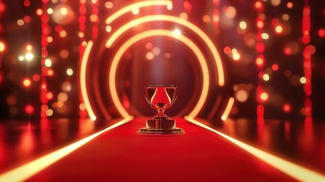 Gold Trophy on a Red Carpet with Glowing Ring Lights