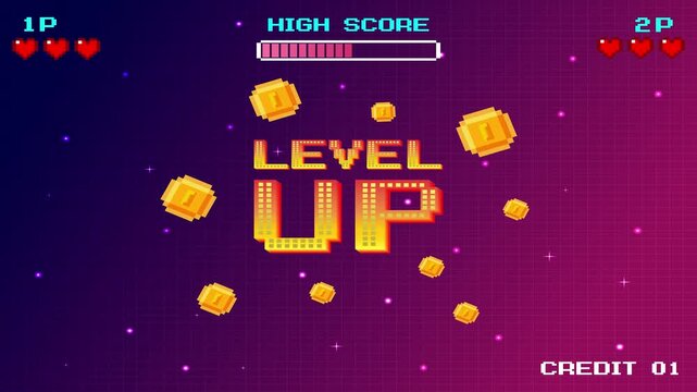 LEVEL UP icon pixel art. 8 bit game. retro game. Retro Futurism Sci-Fi Background. glowing neon grid and stars from vintage arcade computer games