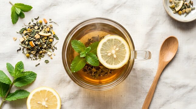 Cup of herbal tea with lemon slice and fresh mint leaves placed on white linen rustic table.