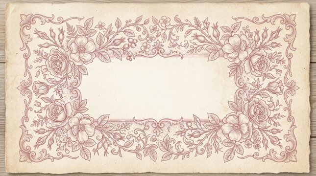 Delicate ornamental floral border drawn in dusty rose linework around an empty central panel, warm beige background, vintage botanical stationery illustration, invitation, packaging and decorative