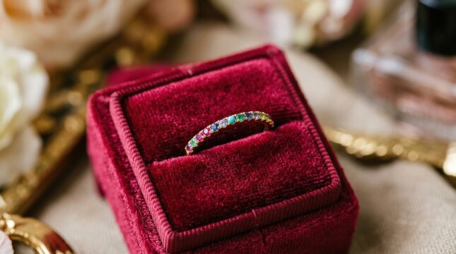 Slim gold ring set with a row of tiny multicolored gemstones resting in a deep crimson velvet box, luxury product photography, ruby red, turquoise, sapphire and warm gold palette, soft focused light,