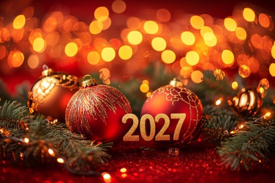 2027 new year celebration with festive christmas ornaments