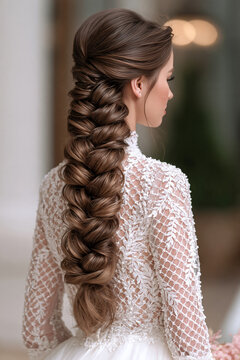 Bridal hair, long voluminous chestnut brown fishtail braid, elegant hairstyle.