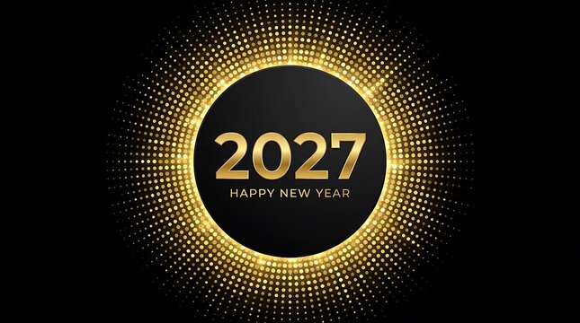 Happy new year 2027 greeting with golden dots radiating from a central circle