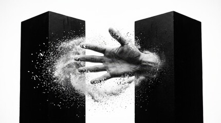 Fototapeta premium Human hand reaching through a cloud of white particles between two stark black geometric blocks, surreal conceptual photography, high-key white background, disintegration effect, black-white contrast,