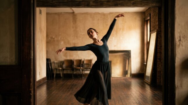 Dancer extending both arms inside a warm beige room, cinematic movement photography framed by dark architectural edges, soft amber light, elongated silhouette and intimate performance-art atmosphere.