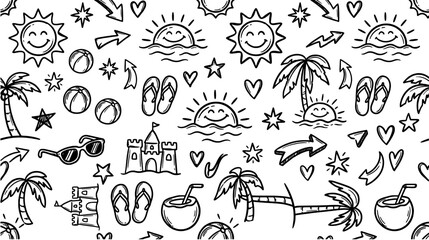 Obraz premium Summer vacation doodle seamless pattern and icon set including sun, palm tree, beach ball, sandcastle and flip flops in black outline style.