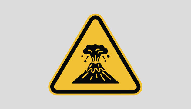 Yellow triangular warning sign depicting a black erupting volcano representing natural hazard or danger zone.