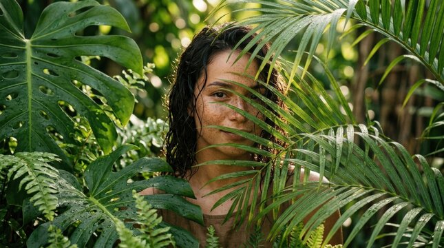 Freckled young woman looking through long green leaves that partially veil her face, photorealistic botanical beauty portrait, warm sunlit skin, glossy wet hair, rich olive greens, shallow depth of