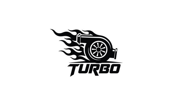 Powerful black turbocharger automotive logo with raging speed flames and bold word turbo below isolated on white background.