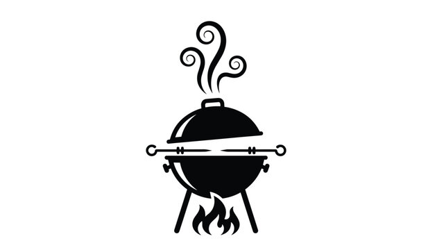 Black silhouette icon of a kettle barbecue grill with rising smoke and active fire flames isolated on a white background.