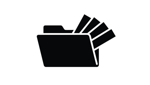 Black file folder icon with multiple document sheets sticking out representing business administration and data storage.