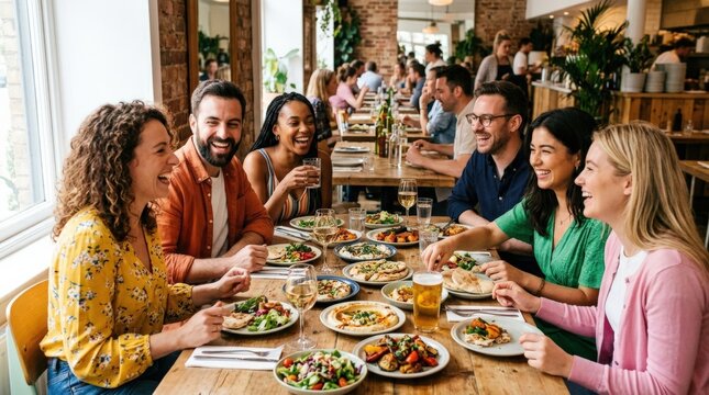 Group of friends sharing a bright meal around a table in a casual restaurant, lifestyle photography, colorful clothing, natural laughter, daylight and social connection, community and hospitality