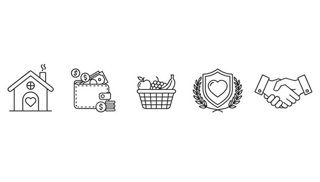 Set of five thin line icons represents basic needs like housing, money, healthy food, protection, and trust.