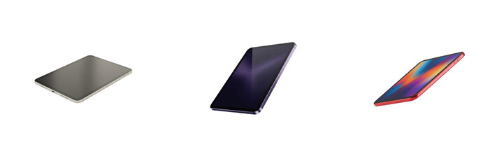 Metallic grey tablet computer, dark vertical smartphone display, and colorful modern tablet device isolated on white background, representing technology, communication, mobile devices, and electronics © Ganesha