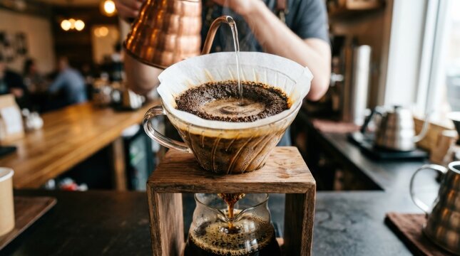 Fresh coffee being brewed through a glass pour-over dripper in extreme close-up, premium beverage photography, dark roasted grounds, warm brown liquid, shallow depth of field and artisanal caf&eacute;