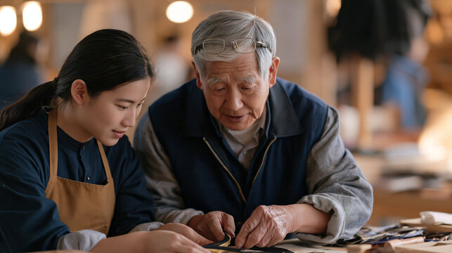 Elderly incense crafter mentoring a younger apprentice through a difficult hand-rolling step in a busy artisan market, glasses pushed up on their forehead as they lean close,