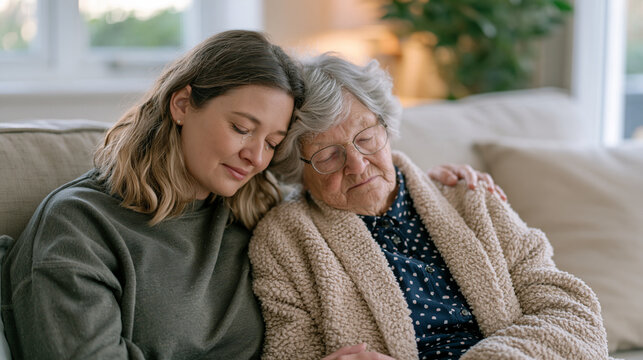An adult daughter resting her head against her elderly mother's shoulder on a sofa, both quiet, the daughter tearful, the mother unaware, caregiver grief, Alzheimer's emotional