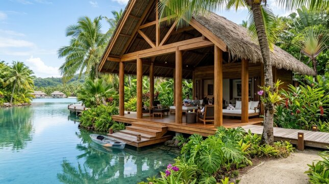 Luxury tropical resort pavilion beside calm water and lush landscaping, architectural photography, warm wood, green foliage, bright daylight and premium hospitality travel aesthetic.