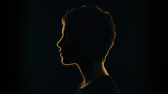 Human profile in near-black silhouette separated by a razor-thin golden rim light, cinematic portrait photography, deep black background, warm amber glow outlining nose and lips, dramatic minimal