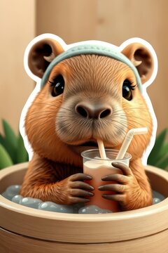 Cute Capybara Relaxing in Bubble Bath and Sipping a Drink