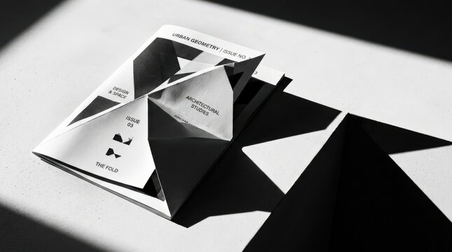 Black-and-white editorial still life featuring a folded magazine or photographic print casting sharp geometric shadows, minimalist composition, clean pale surface, high contrast and sophisticated