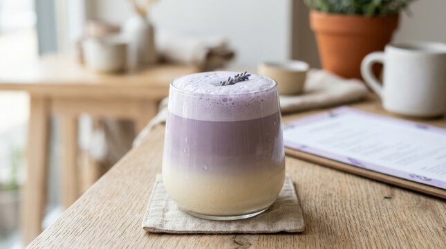 Clear glass filled with a smooth lavender drink fading from creamy white at the bottom to pale violet foam above, premium beverage photography, lilac, ivory and soft beige palette, centered