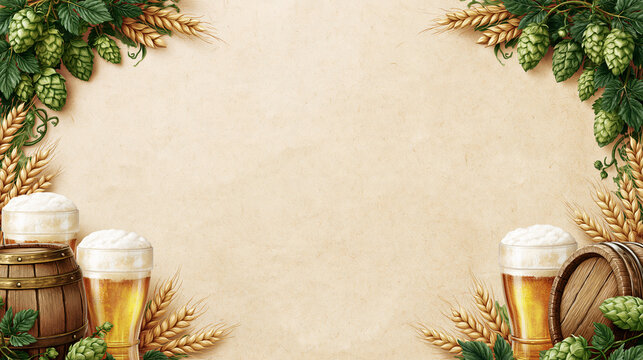 Rustic festive poster layout for american beer day on october twenty-seventh with illustrated hops vines, barley stalks, frothy pint glasses, and wooden barrel icons framing a