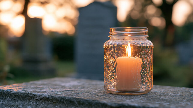 A graveside close-up showing a lit memorial candle inside a decorative glass jar, condensation forming on the inside of the glass, headstone inscription softly backlit behind the