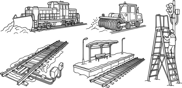 Railway maintenance and winter clearing vector icon set including snowplow train, rotary snowplow, tracks, station platform and worker on ladder.