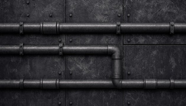 Industrial metallic background with plumbing pipes and bolted metal wall panels for technical or construction design
