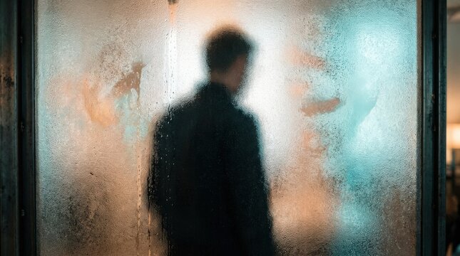 Human silhouette seen through heavily textured frosted glass, conceptual portrait photography, granular translucent surface scattering cyan, turquoise, amber and white light, mysterious blurred