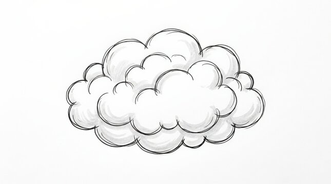 Fluffy cartoon cloud drawn with loose black outlines on white background, simple hand-drawn illustration, rounded overlapping puffs, subtle gray shading, playful weather icon concept, clean monochrome