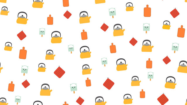Seamless pattern of kitchen items and cute figures